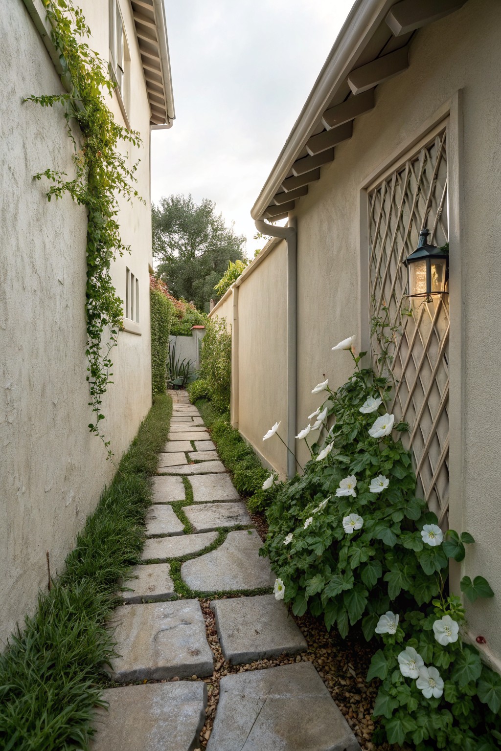 Narrow outdoor pathway of irregular stone slabs between beige stucco walls, left wall with green ivy, right wall featuring wooden trellis covered in white morning glory flowers and a hanging lantern light.