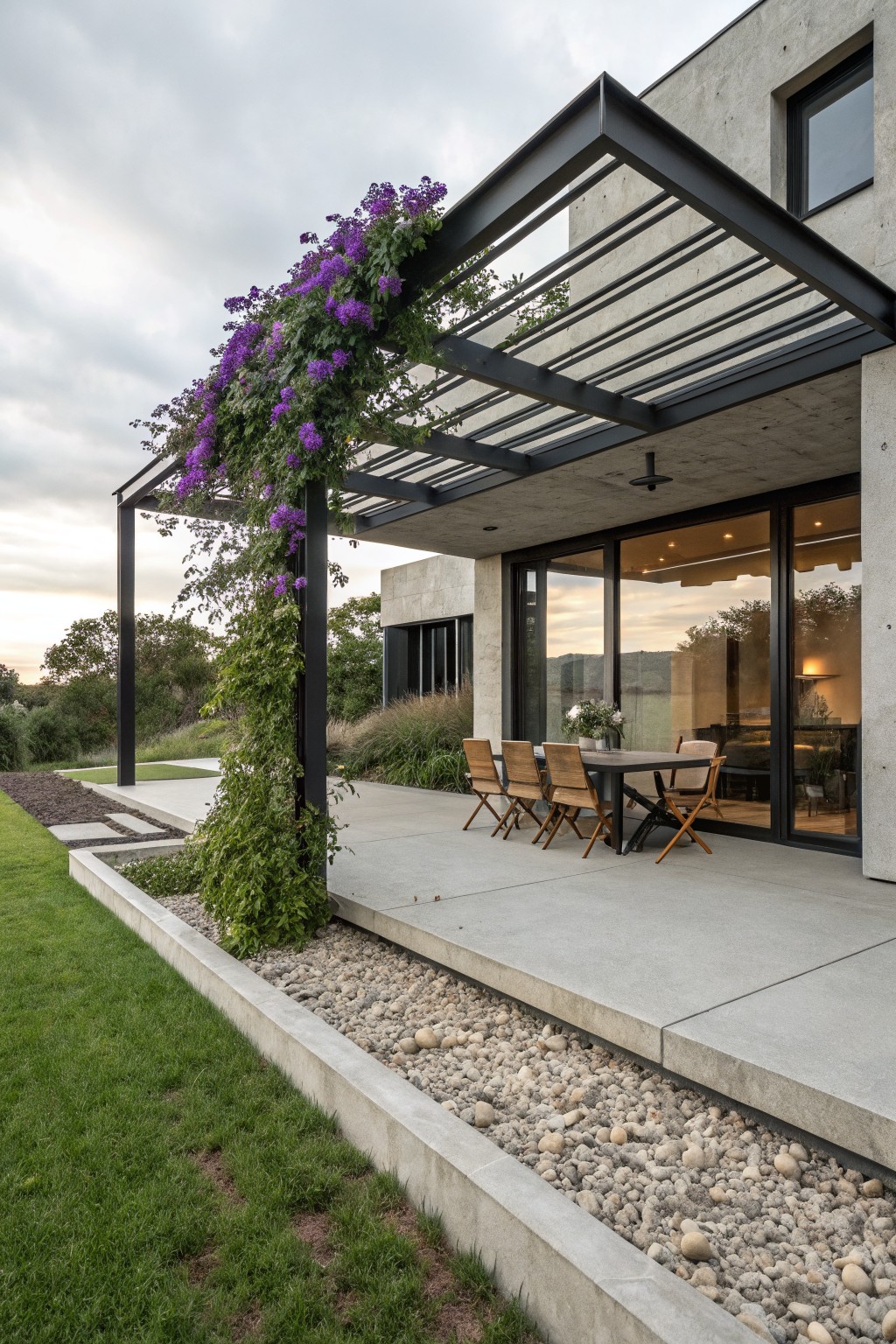 Modern gray concrete house with black steel pergola covered in purple flowering climbing vines, concrete patio with wooden table and chairs, gravel border, and green lawn.
