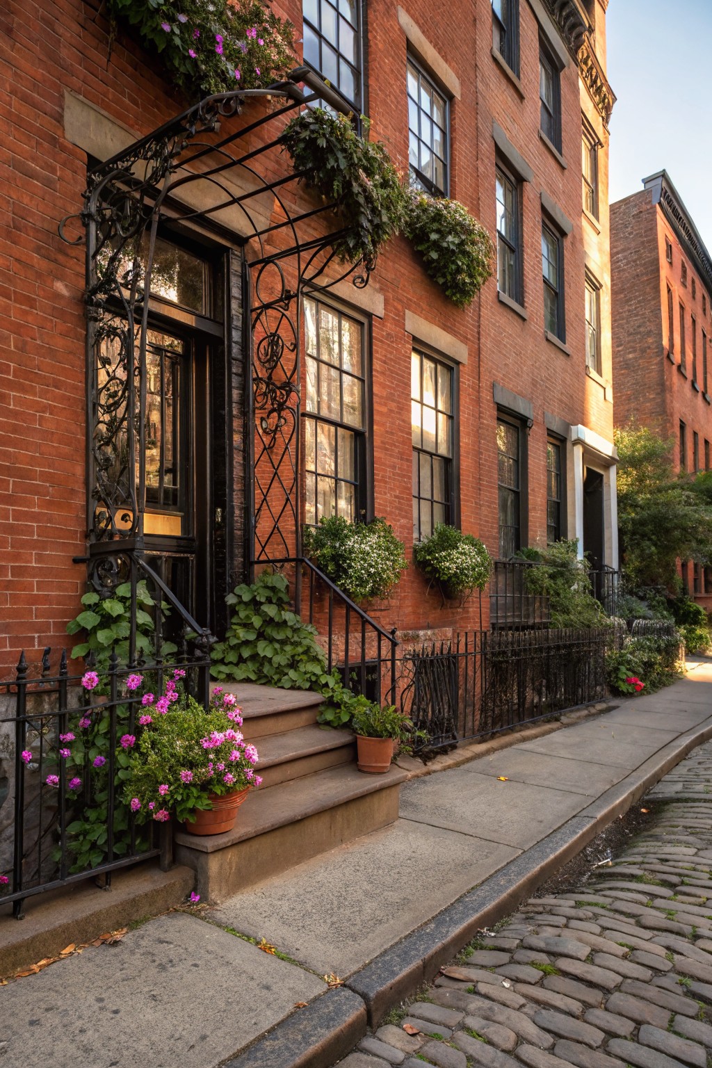 Red brick rowhouse exterior featuring black wrought iron awning and gate with climbing vines and hanging flower baskets, pink flowers in pots by steps, and adjacent buildings on a cobblestone street.