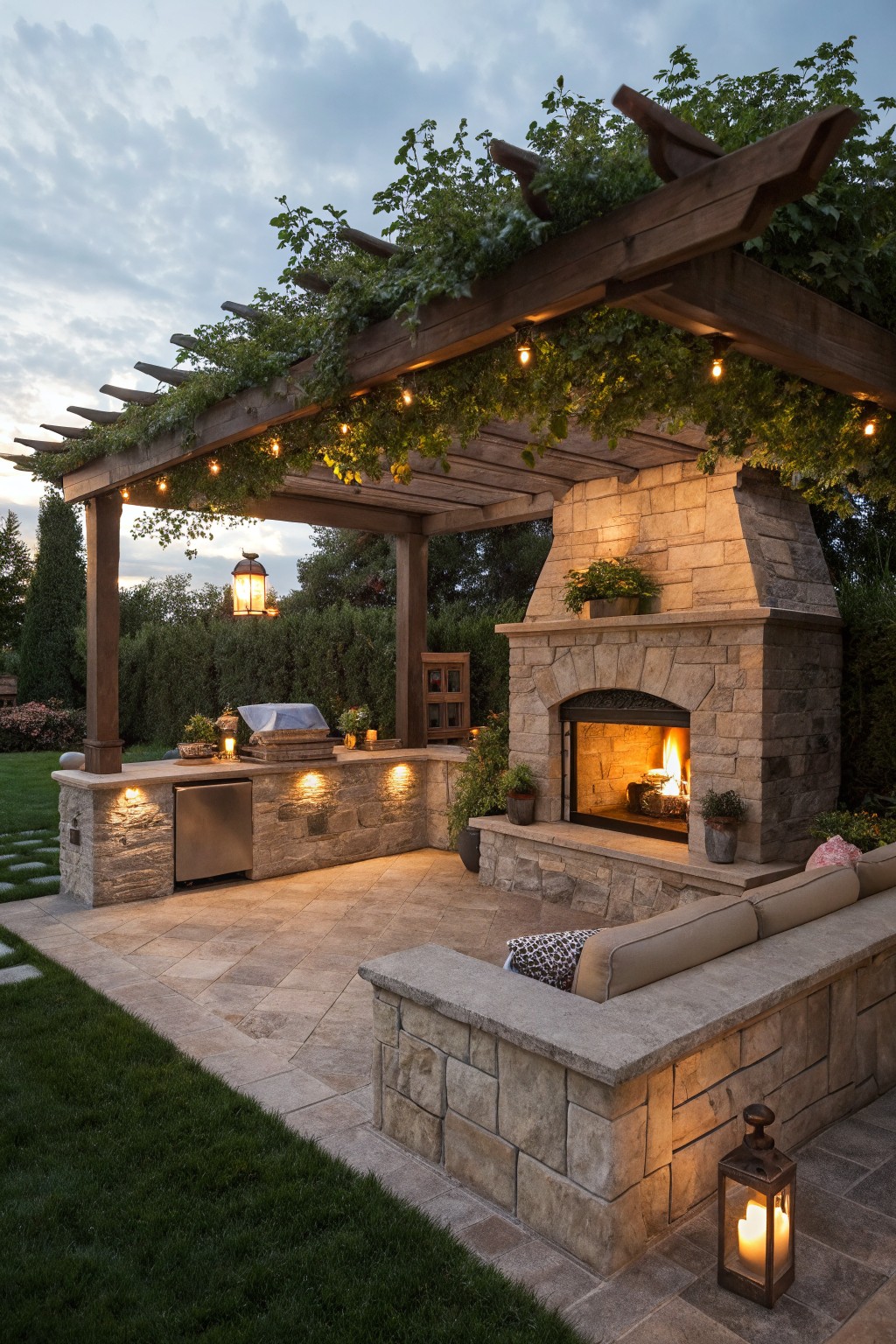 Wooden pergola covered in green climbing vines with string lights overhead above a stone outdoor kitchen, fireplace, bench seating, and paver patio in a backyard with grass lawn.