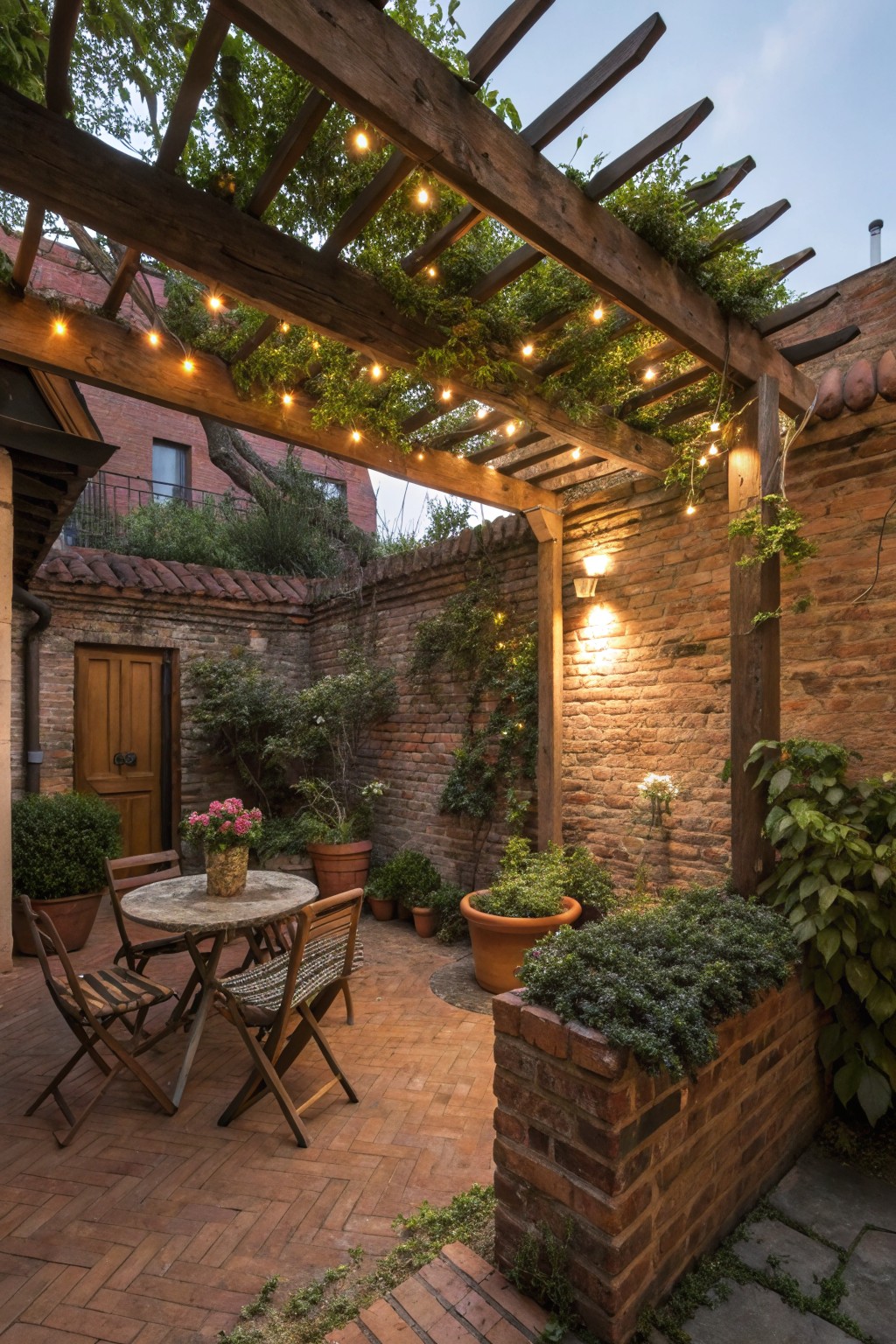 Wooden pergola covered in green climbing vines and string lights over a brick-paved courtyard patio with a round stone table, wooden chairs, potted plants, and surrounding brick walls.