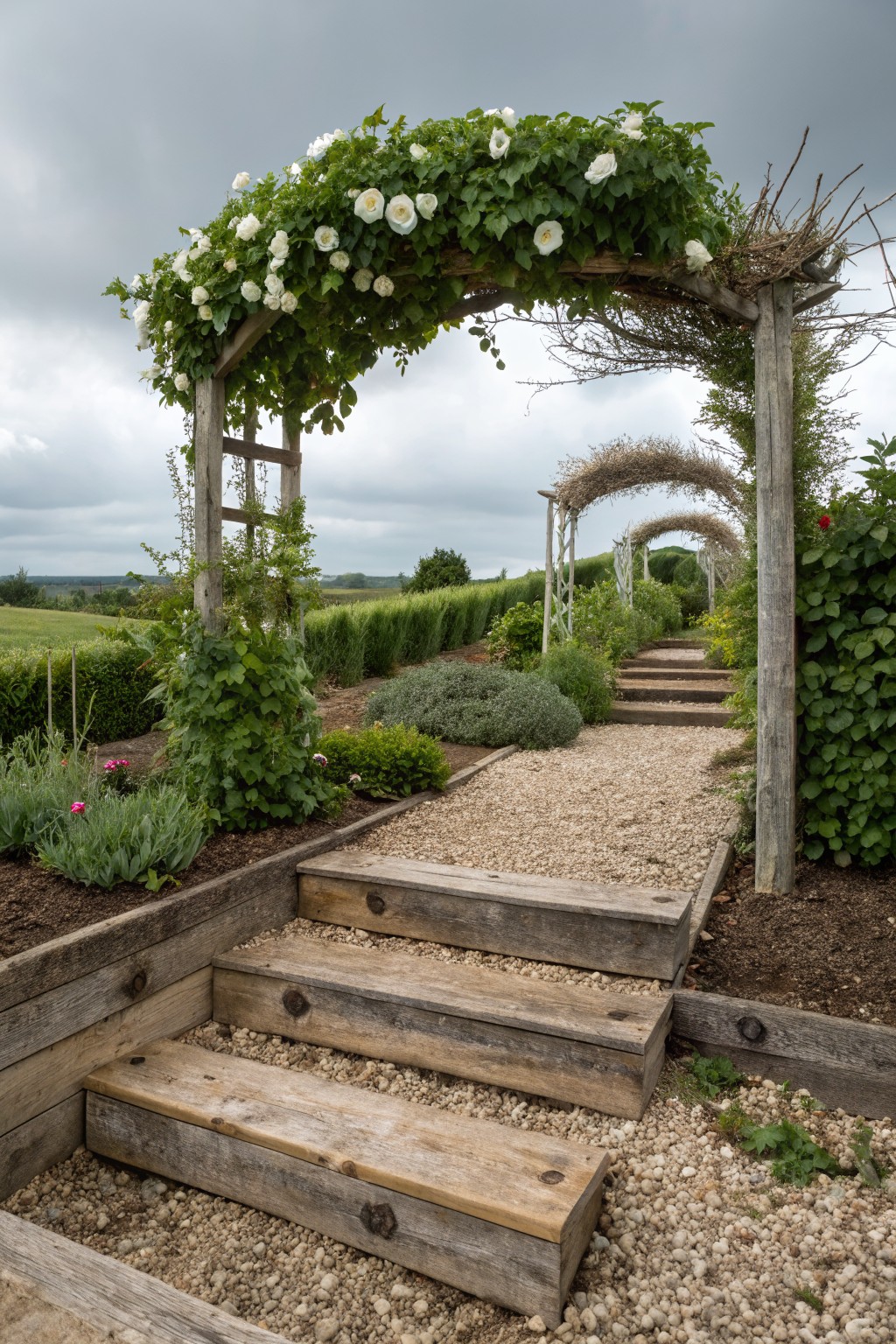 Rustic wooden arches draped with white morning glory vines over a gravel garden path with wooden steps, raised beds, hedges, and distant fields under a cloudy sky.