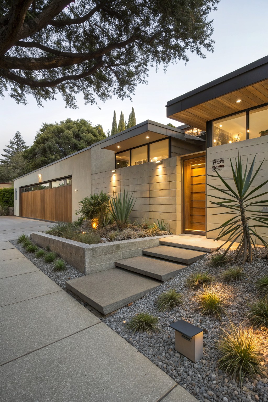 Beige concrete block house facade with wooden garage door and entry door, tall agave plants beside the door and steps, gravel beds with ornamental grasses, stone pathway, at dusk with landscape lighting.