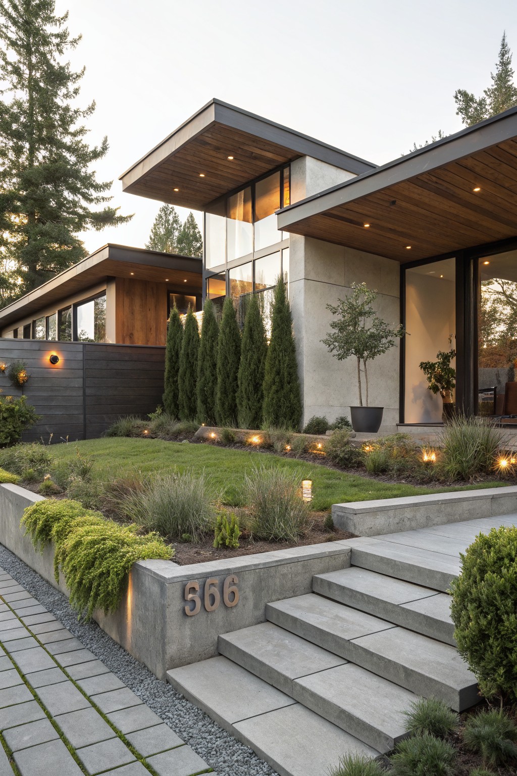 Modern house facade with broad concrete steps to the entrance, retaining wall displaying metal house number 566, paver pathway, lawn, raised planting beds with grasses and shrubs, and low landscape lights.