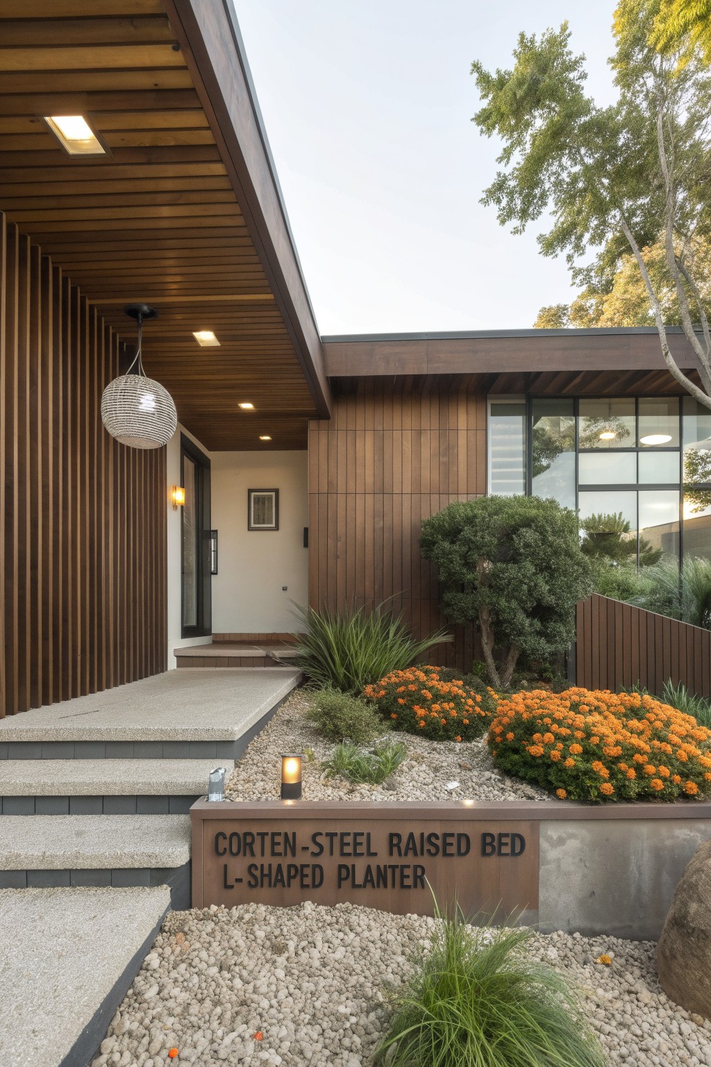 Modern house exterior corner with vertical wood cladding, covered entry with glass door and pendant light, concrete steps, and adjacent L-shaped Corten-steel raised planter bed with plants, gravel ground cover, and rocks.