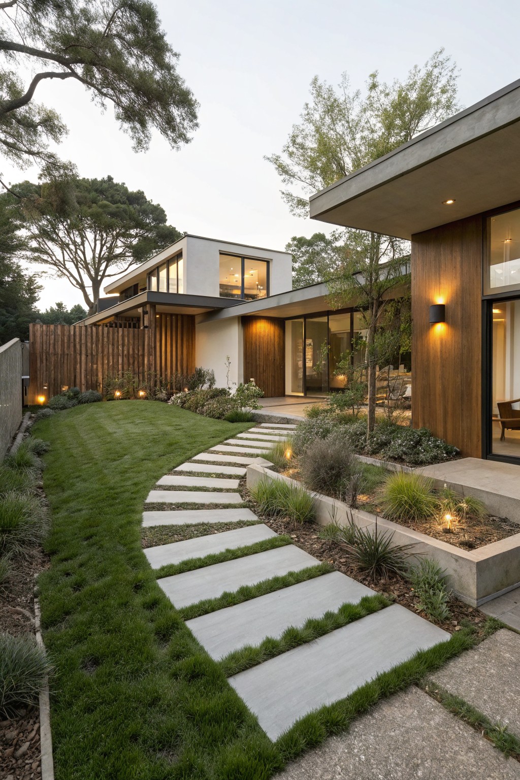 Modern house exterior featuring a curved pathway of large rectangular concrete pavers set into a grassy lawn, edged with low native plants and grasses, leading to the entry area.