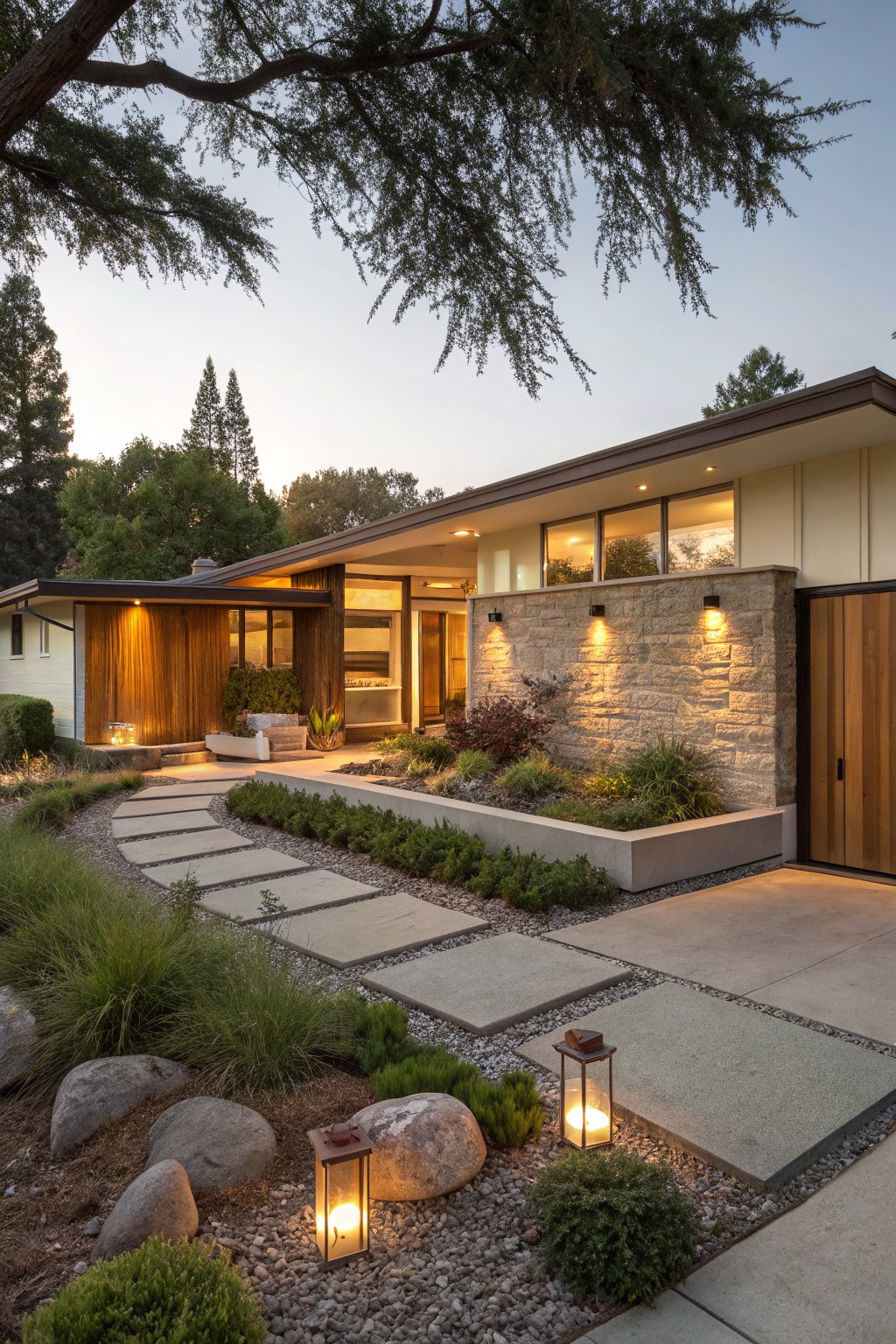 Midcentury modern house facade at dusk with curved paver pathway through gravel, grasses, shrubs, boulders, and lanterns leading to wood-paneled entry and stone wall.