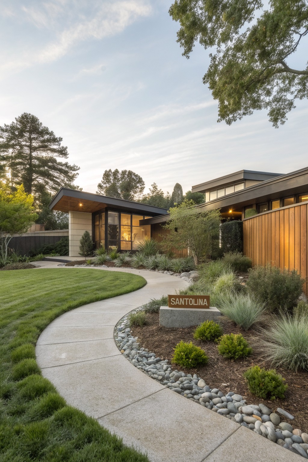 Midcentury modern house with cantilevered roof and wood siding viewed from the front yard, featuring a curved concrete walkway winding through manicured lawn edged with ornamental grasses, shrubs, pebbles, and a stone sign reading SANTOLINA, surrounded by trees under a partly cloudy sky.