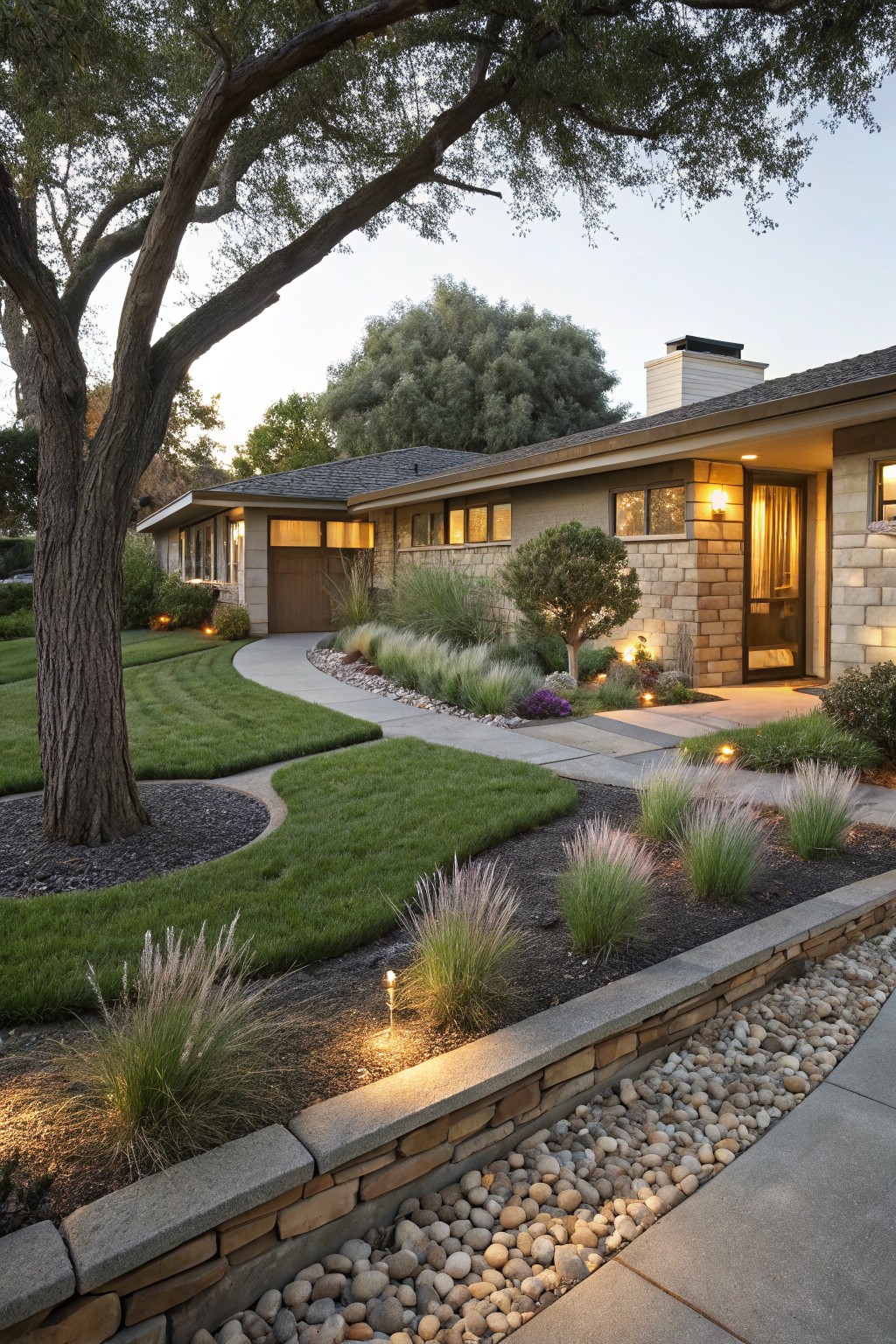 Midcentury modern house facade with curving concrete driveway and path edged by ornamental grasses in river rock mulch beds, stone retaining wall, and low path lighting at dusk.