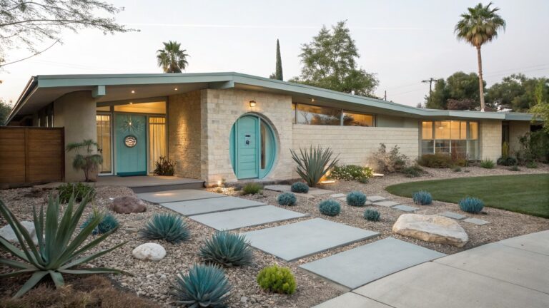 Midcentury modern house facade with turquoise arched wood front door on white brick wall, flanked by agave plants in gravel yard with large square concrete stepping stone path leading from street to entry, wood garage doors, and desert landscaping.