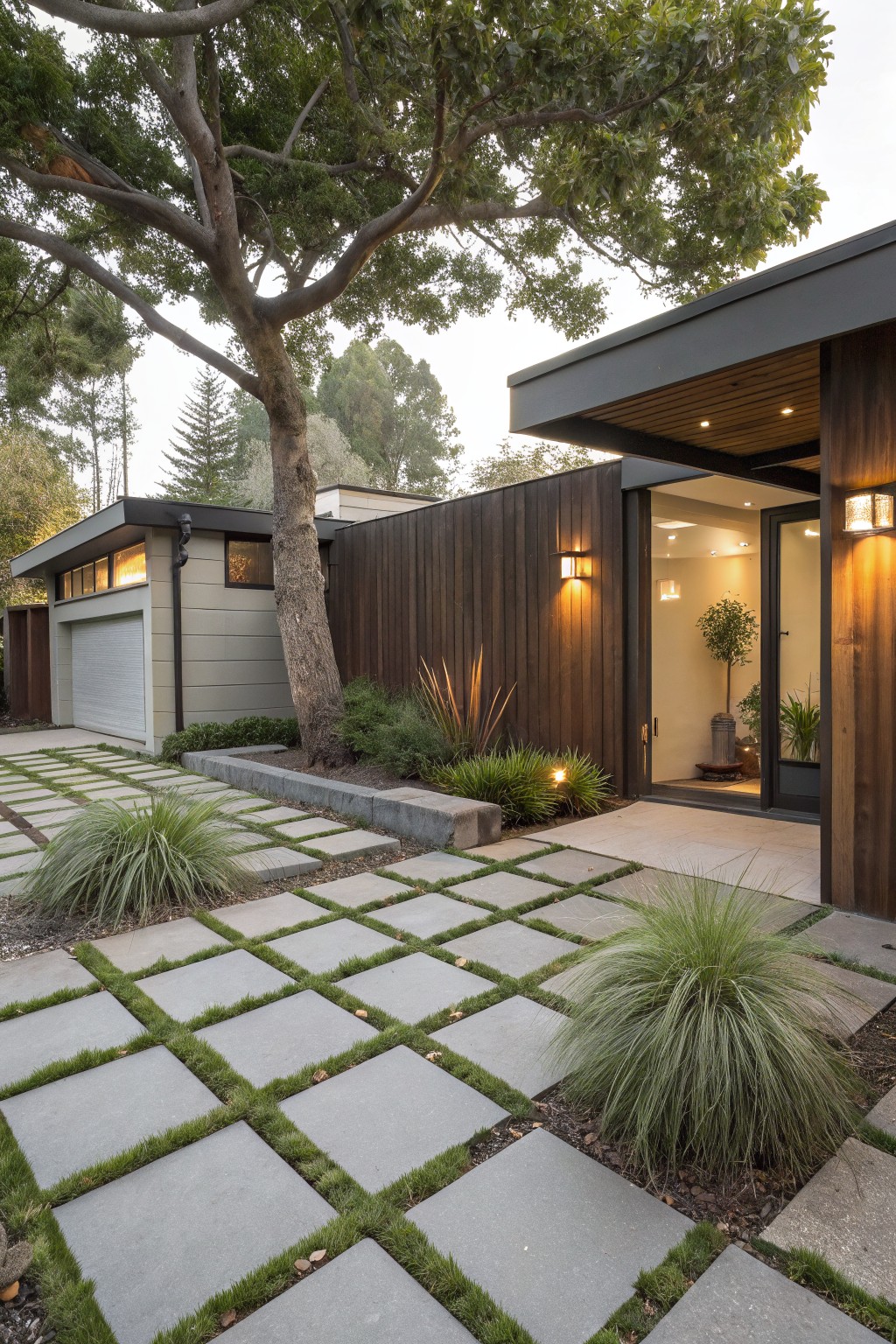 Front yard pathway composed of large square gray concrete pavers with strips of green grass between them, leading to a modern entry with wood siding, glass door, and plants under a large tree.
