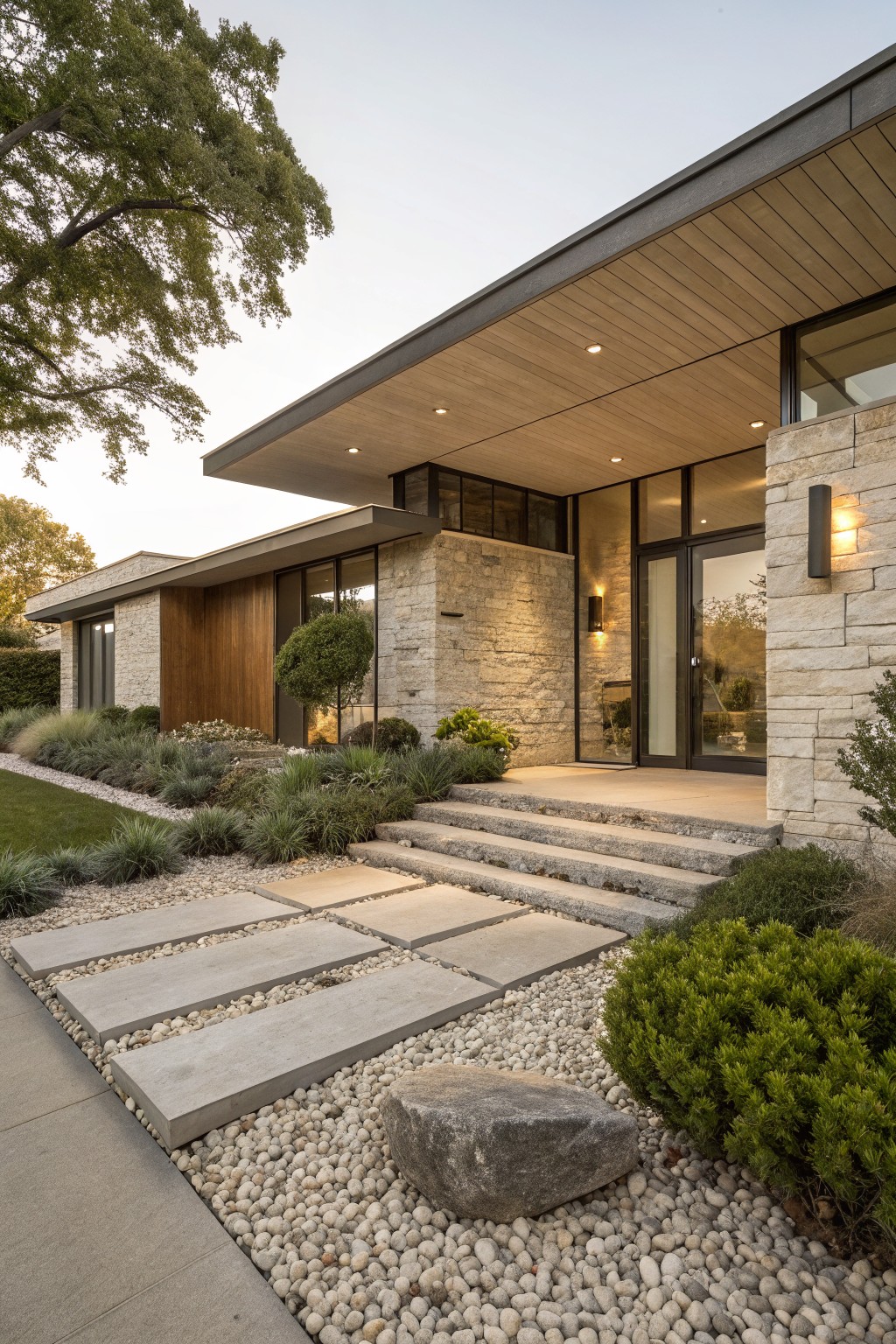 Midcentury modern house facade in stone and wood with large glass entry doors and lights, concrete paver path set in white gravel leading to stone steps, flanked by grasses, shrubs, and a large boulder.