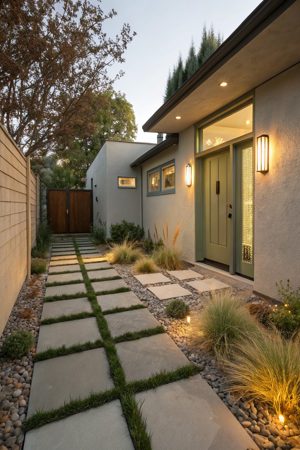 A midcentury modern house exterior featuring a gravel pathway with large rectangular concrete pavers and grass strips, edged by low ornamental grasses and lit by bollard lights leading to a green front door.