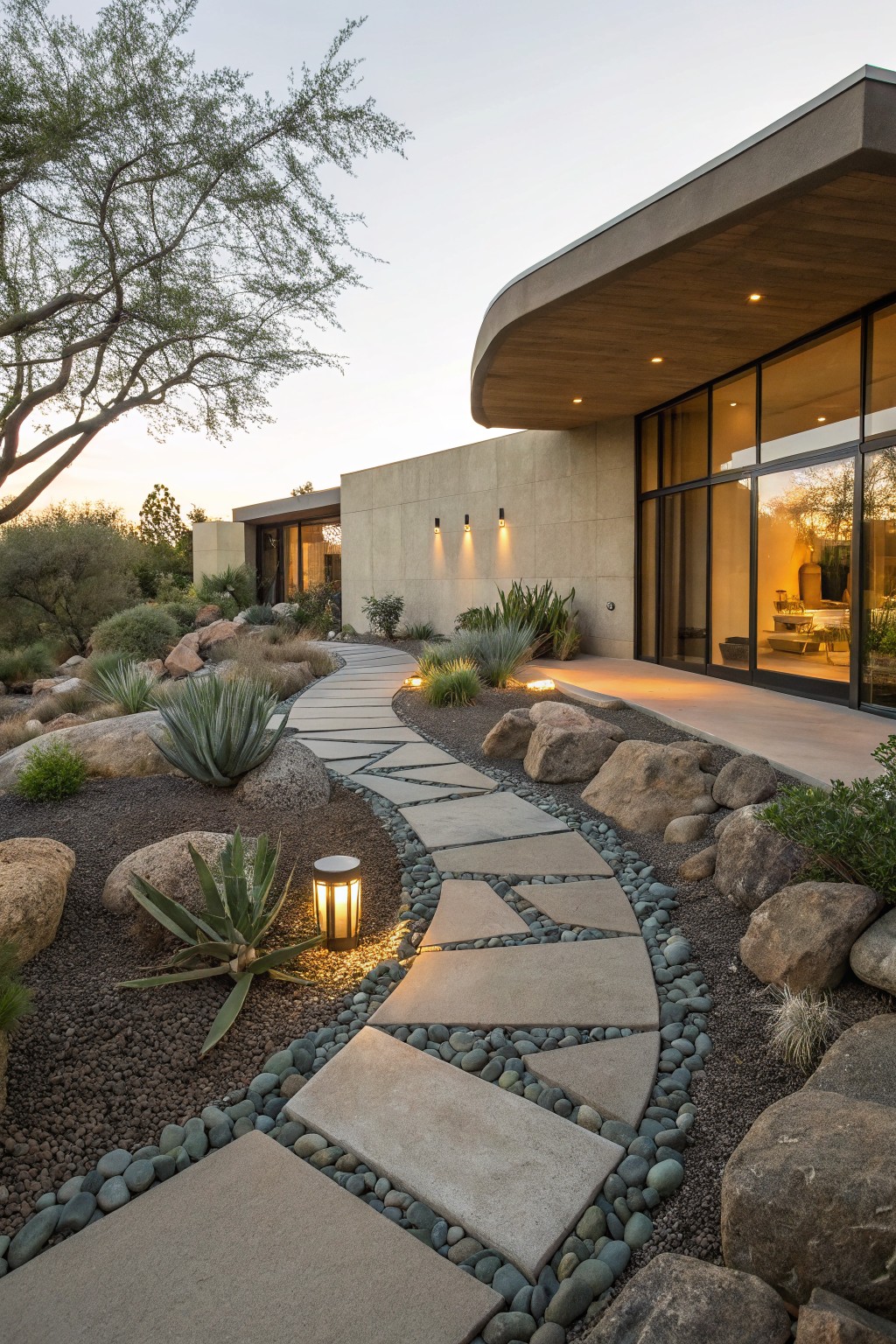 Curving flagstone pathway edged with pebbles and surrounded by boulders, agave plants, and gravel in a desert front yard leading to a modern stucco house with large glass windows at dusk.