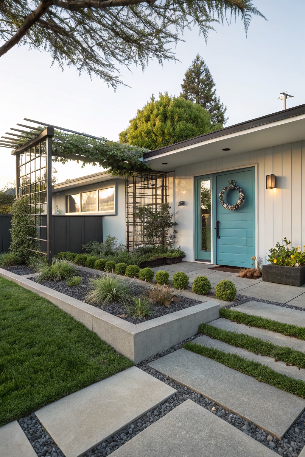 Midcentury modern house facade with white siding, turquoise front door, black steel pergola draped in vines, raised concrete planter beds filled with grasses and shrubs, and concrete steps with pebble accents leading to the entry.
