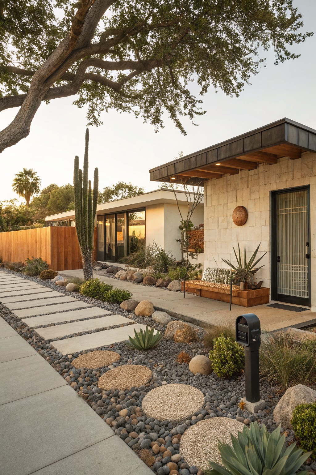Front yard landscaping of midcentury modern house with rectangular paver path transitioning to circular stone steppers in gravel mulch, boulders, succulents, agaves, and cacti along the sidewalk leading to the entry.