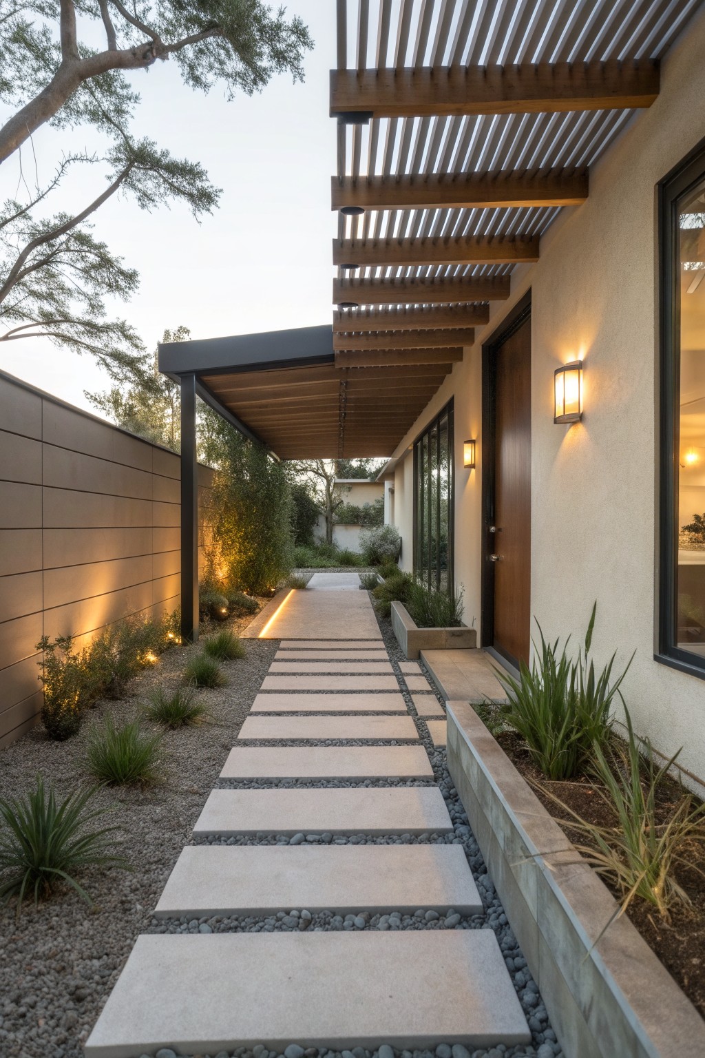 A gravel pathway lined with large rectangular concrete stepping stones leads to a front door under a wooden slatted overhang, flanked by low drought-tolerant plants, stucco walls, and uplighting.