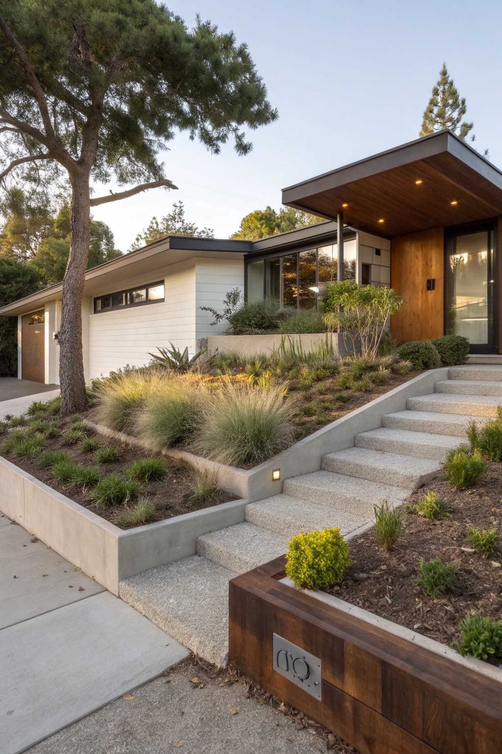 Midcentury modern house with white and wood-clad exterior, garage, and sloped front yard featuring broad concrete steps flanked by concrete retaining walls planted with grasses, agave, and small shrubs, under a large pine tree.