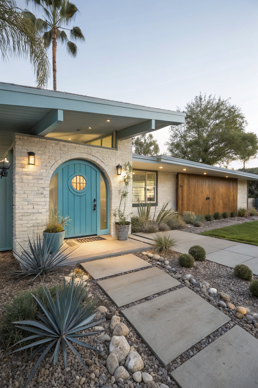 Midcentury modern house facade with turquoise arched wood front door on white brick wall, flanked by agave plants in gravel yard with large square concrete stepping stone path leading from street to entry, wood garage doors, and desert landscaping.