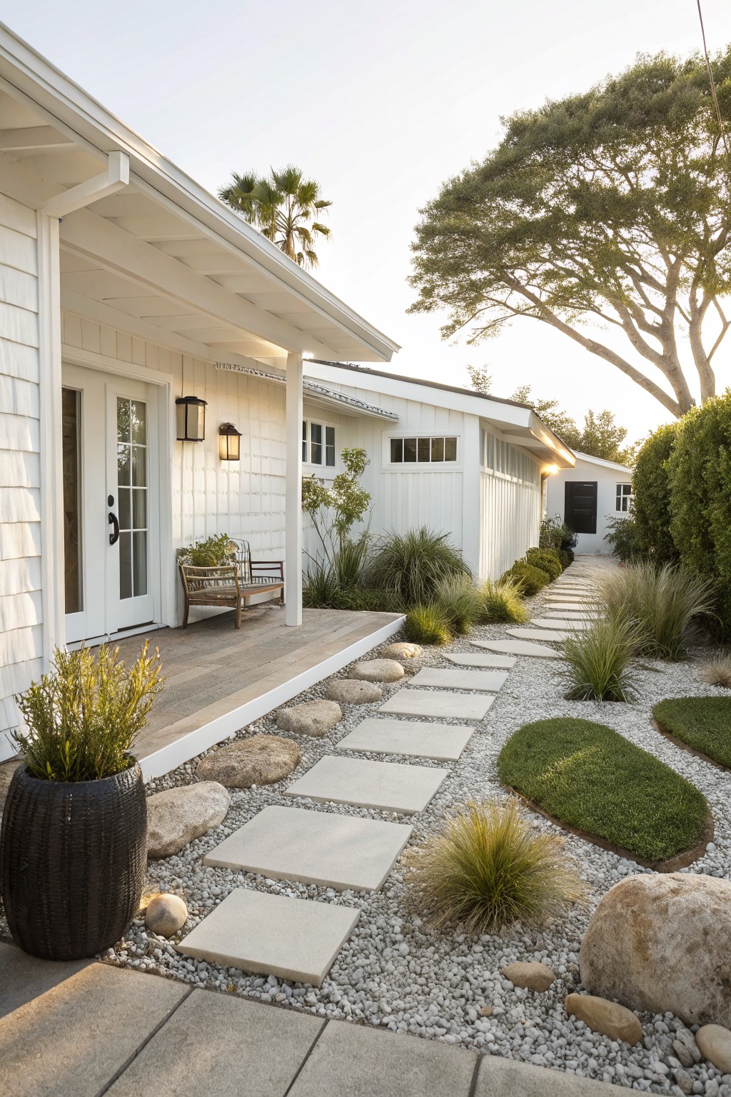 White midcentury modern house with wooden porch and bench, front yard featuring a gravel pathway with irregular square concrete stepping stones, grasses, boulders, and potted plants leading from driveway to entry.