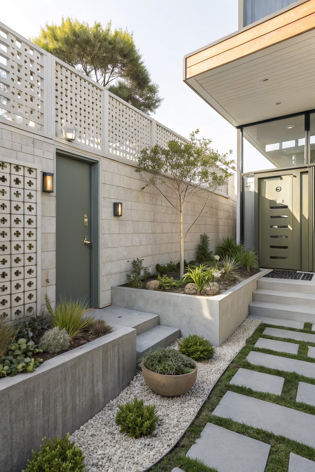 Front yard with white screen block fence beside a green door on block wall, raised concrete planters filled with succulents grasses and rocks, concrete stepping stone path through grass and gravel leading to steps at modern house entry with slatted green door.