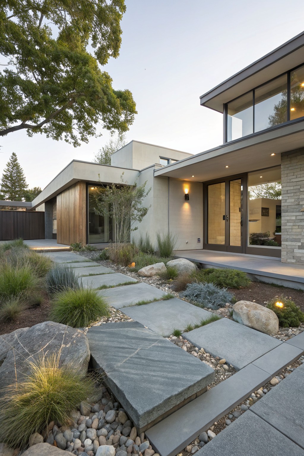 Modern stucco and wood house exterior with a pathway of large gray stone pavers through ornamental grasses, boulders, and gravel leading to a glass-fronted entryway under trees at dusk.