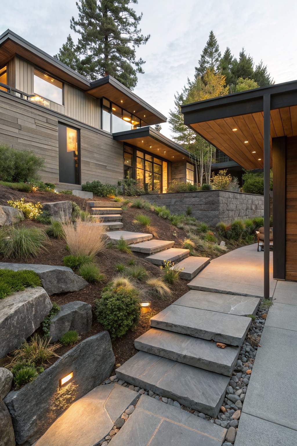 Modern house with cedar siding on a rocky slope, featuring wide gray stone steps, boulders, ornamental grasses, low shrubs, and path lighting leading to a wooden entry door.