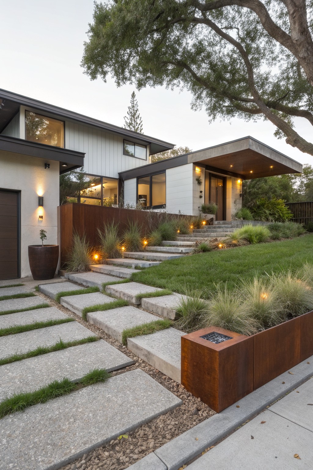 Midcentury modern house facade with wide concrete paver pathway featuring grass strips, leading to lit stone steps flanked by ornamental grasses and a corten steel planter, viewed at dusk.