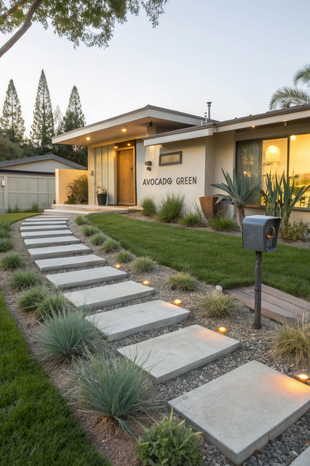 Midcentury modern house exterior with curving pathway of large rectangular concrete slabs as steps, each with recessed lighting underneath, edged by gravel, lawn, and ornamental grasses leading to the front door.