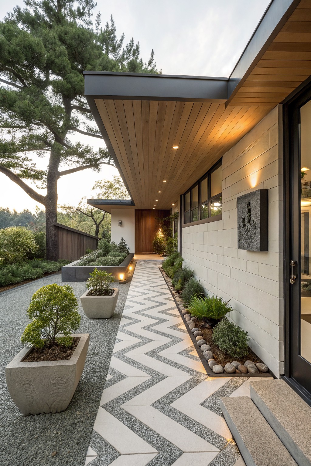 Midcentury modern house entrance with a zigzag patterned white and gray tile walkway leading to wooden doors, bordered by potted bonsai trees, gravel, plants, and a wooden overhang above stucco walls.