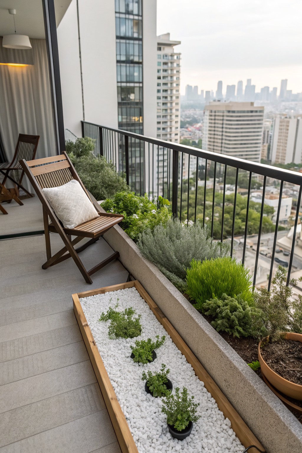 High-rise balcony with folding wooden chair on tiled floor, greenery along black metal railing, rectangular wooden planter box filled with white pebbles and small black pots of green plants, city skyline in background.