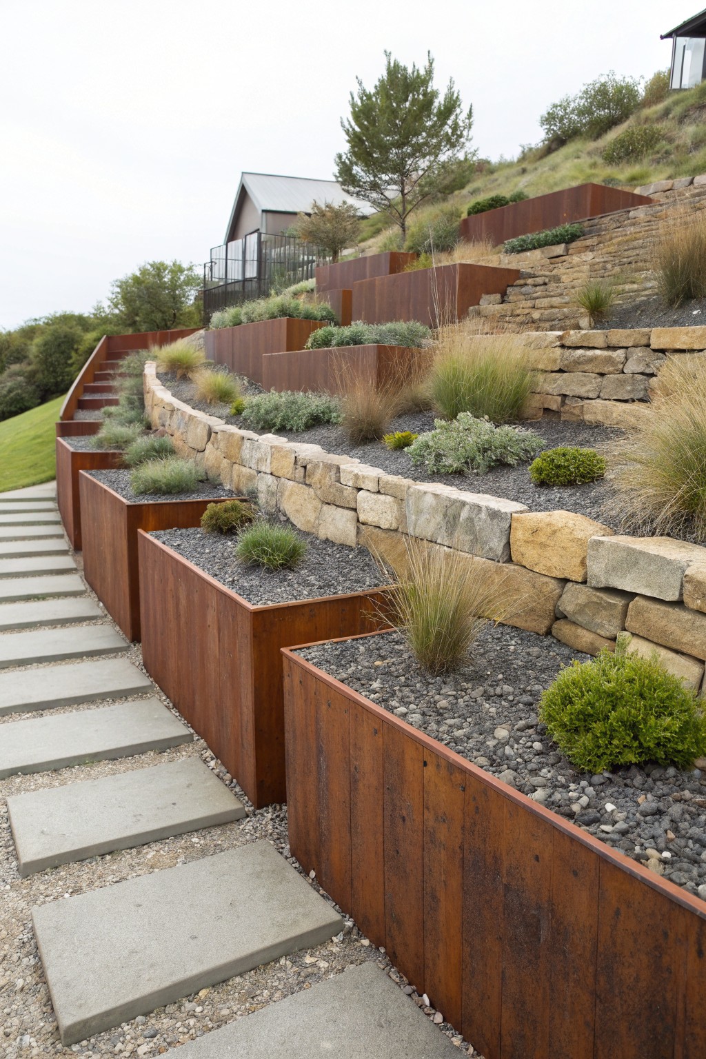 Sloped hillside garden with corten steel raised rectangular planters filled with dark gravel mulch and ornamental grasses, integrated with dry-stacked stone retaining walls and concrete step path leading uphill to a small metal-roofed house.