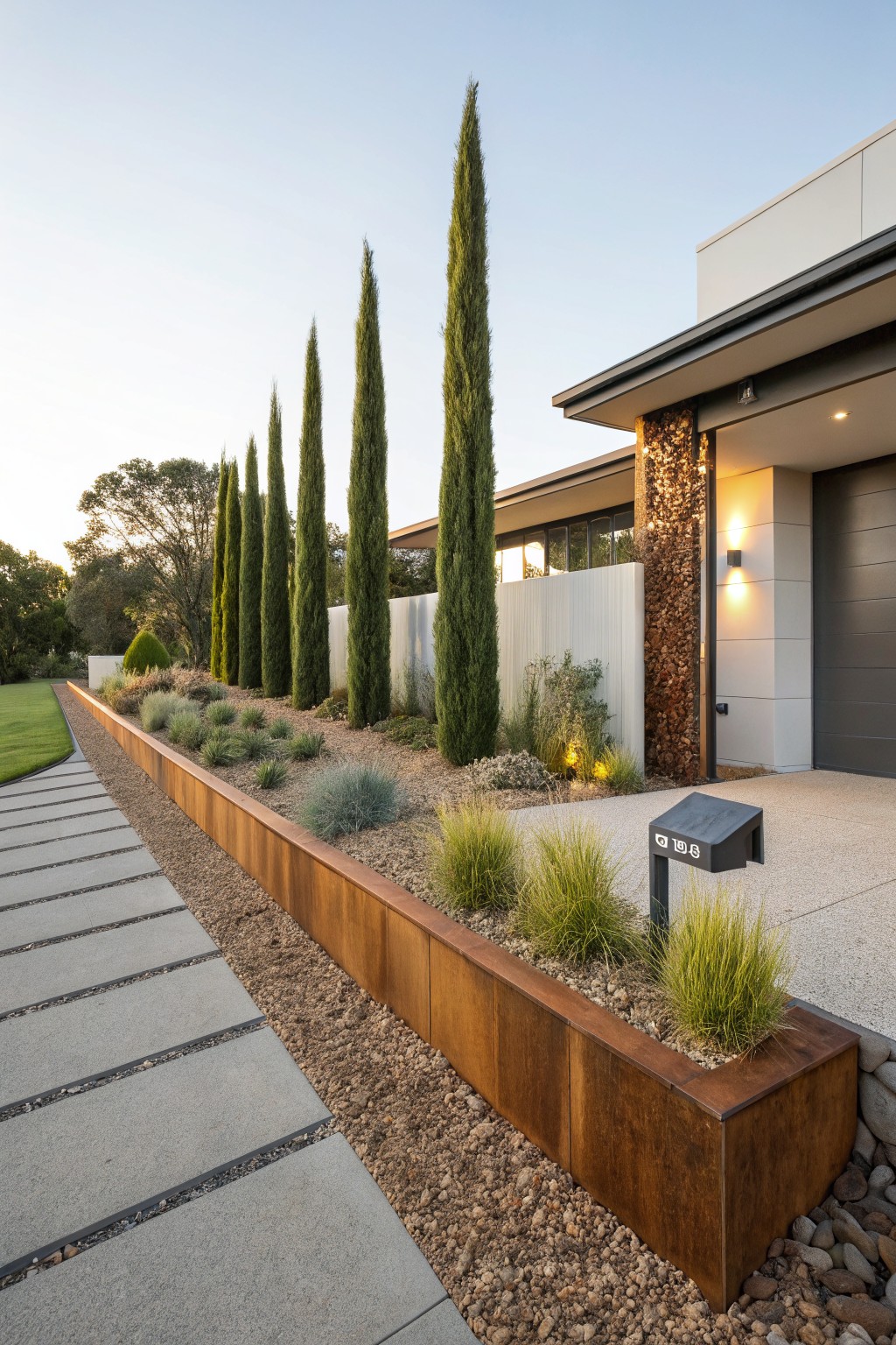 Side view of a modern house garage with tall Italian cypress trees along a white fence, corten steel raised garden bed filled with gravel and grasses beside a concrete paver path.