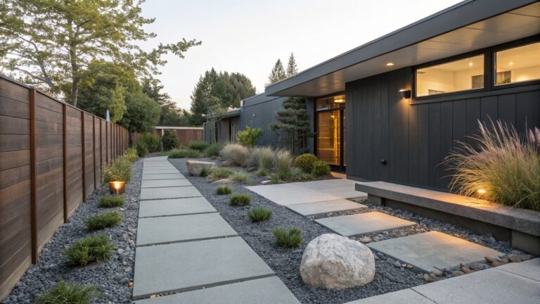 20 Minimalist Gravel Landscaping Flower Beds for Easy Maintenance Side view of a modern house with dark wood siding and a glass entry door, featuring a concrete and gravel pathway with large rectangular stepping stones, surrounded by gravel beds with ornamental grasses, shrubs, boulders, and low-voltage path lights, next to a wooden fence and trees.