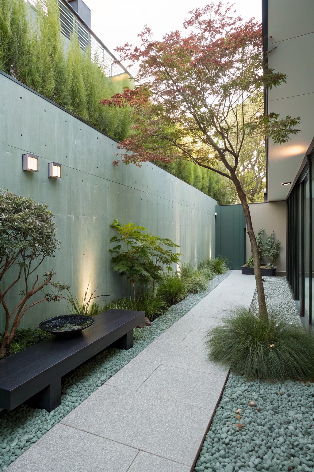 Narrow stone pathway flanked by gravel mulch beds with grasses, shrubs, small trees, and a black bench, between tall concrete walls and leading to a modern house with glass doors.