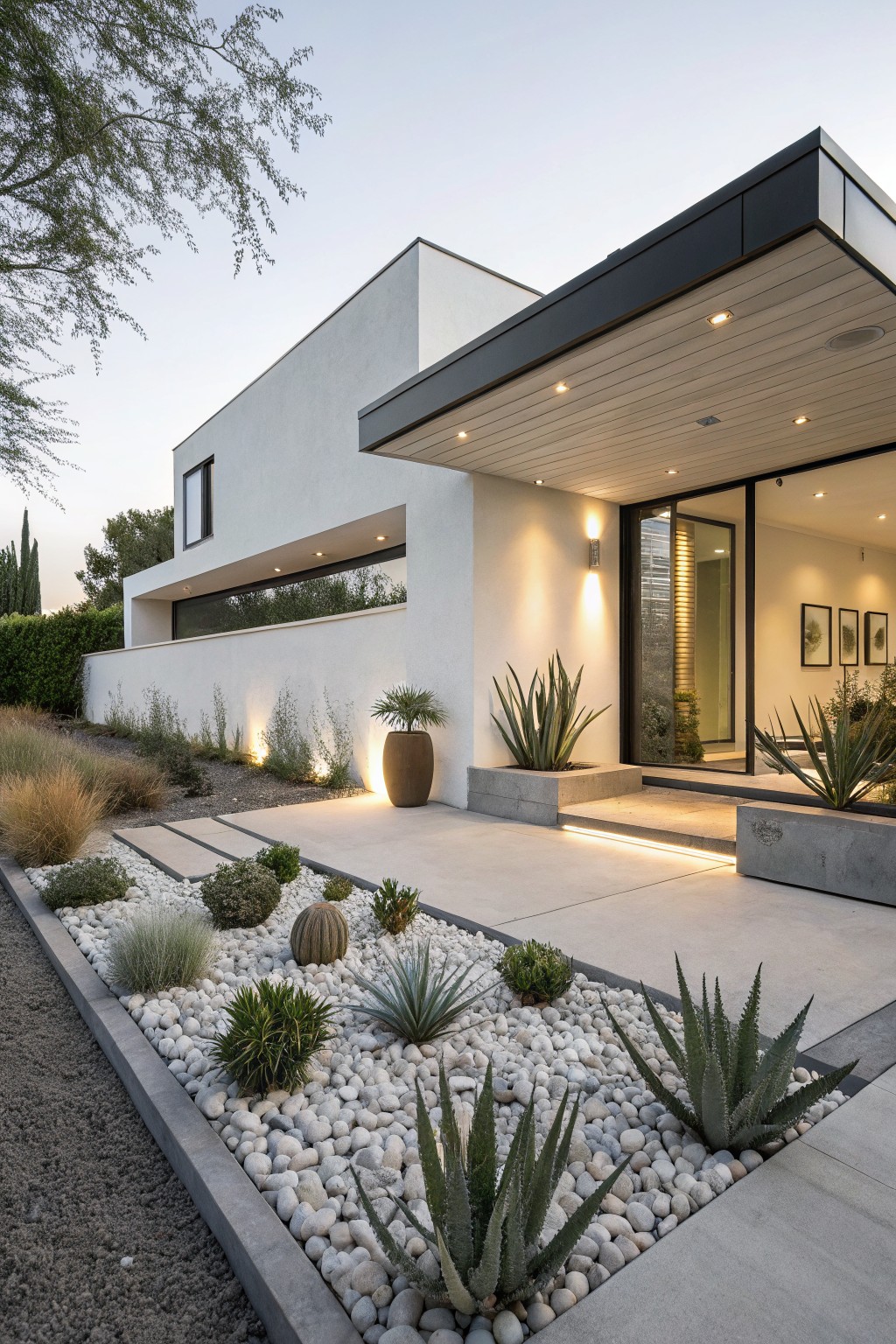 Modern white house exterior at dusk with entry steps, gravel beds planted with agaves, succulents, grasses, and pebble mulch, surrounded by concrete edging and pathway lights.