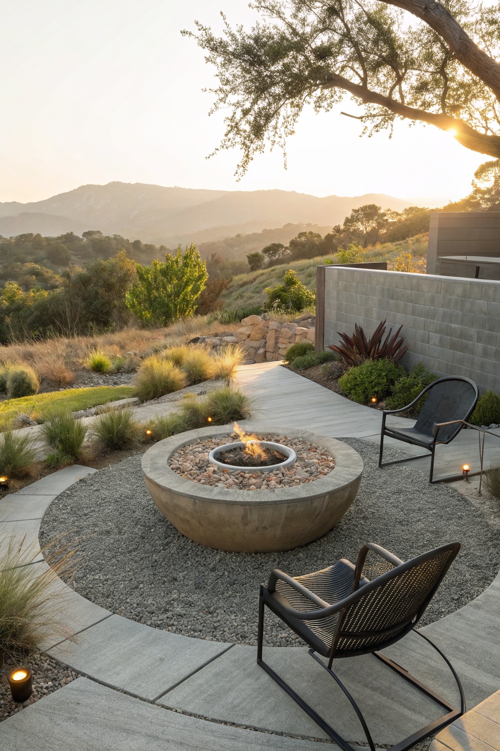 Circular concrete fire pit with gas flame surrounded by gravel and pavers on a patio, flanked by two black woven metal chairs, native grasses, pathway, block wall, and hillside view at sunset.