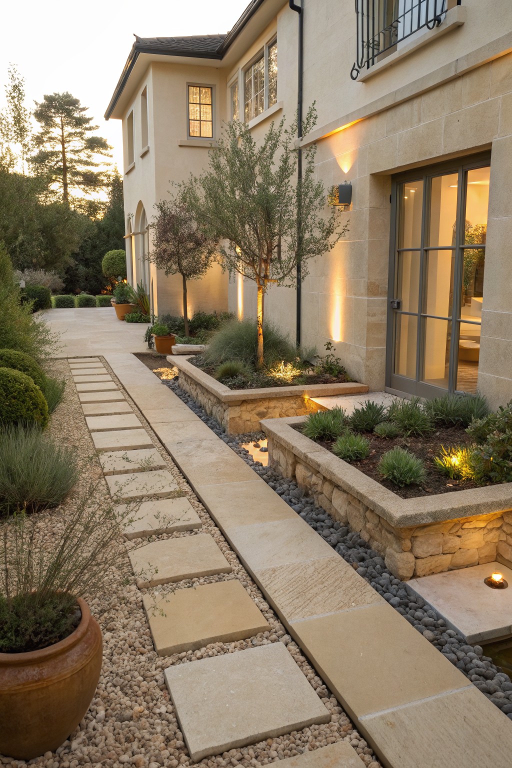 A gravel pathway with large beige stepping stones leads alongside a beige stone house, bordered by raised rectangular planters with grasses, shrubs, small trees, and uplights.