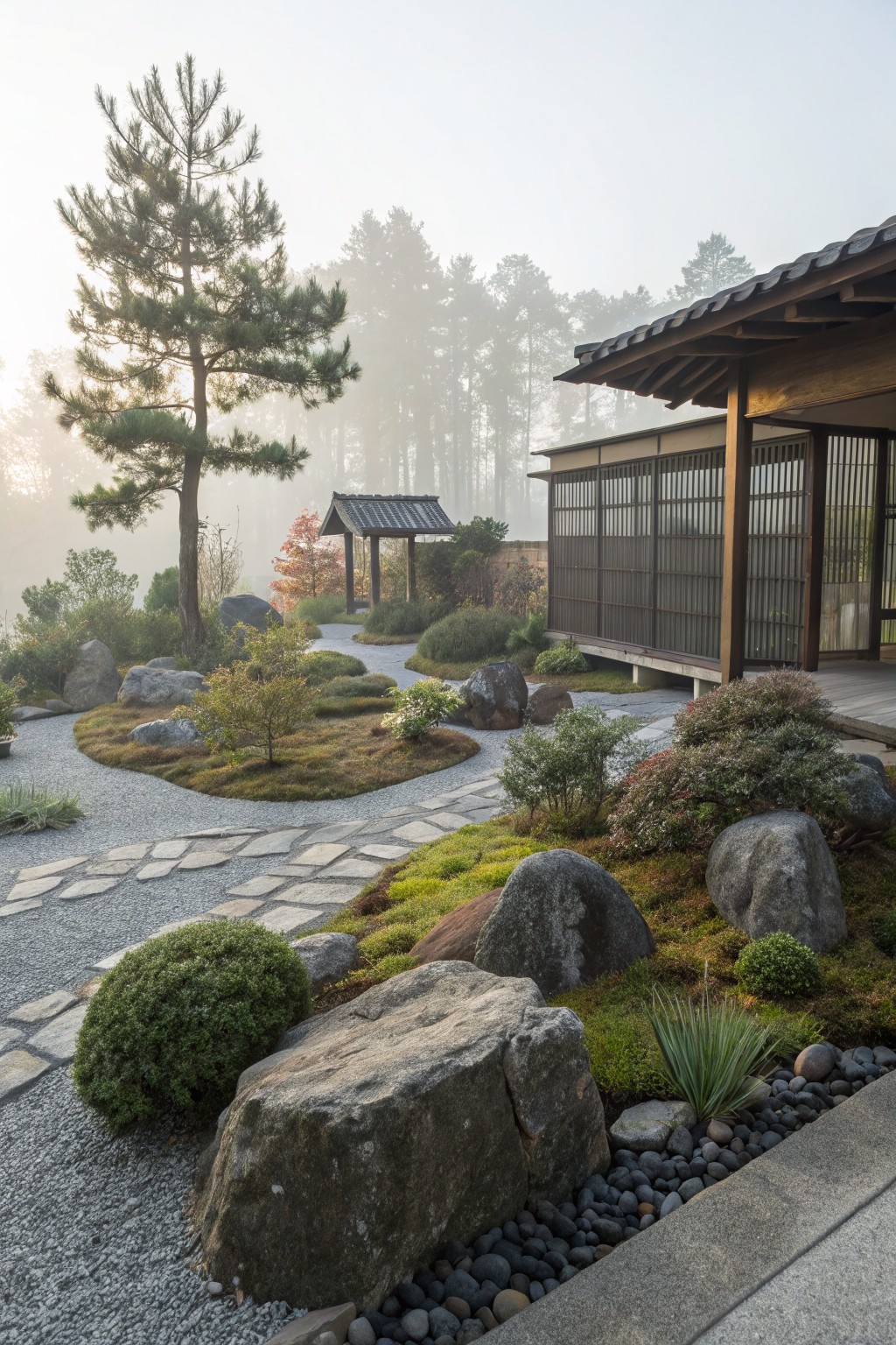 Misty garden with winding light gravel paths curving through dark gravel beds, large boulders, moss groundcover, low shrubs, pine trees, and a traditional wooden pavilion and house nearby.