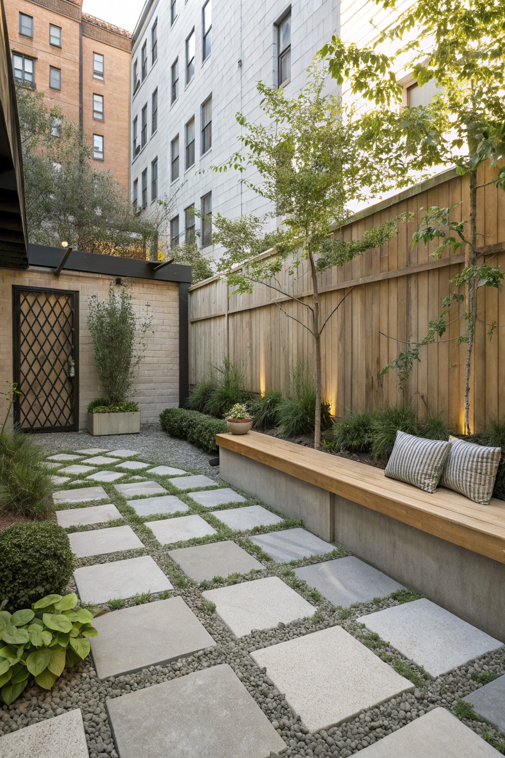 Small urban courtyard garden with light gray square concrete pavers spaced in light gravel ground cover forming a path, surrounded by low shrubs, grasses, a wooden bench on a concrete base, and a black metal gate in a brick wall.
