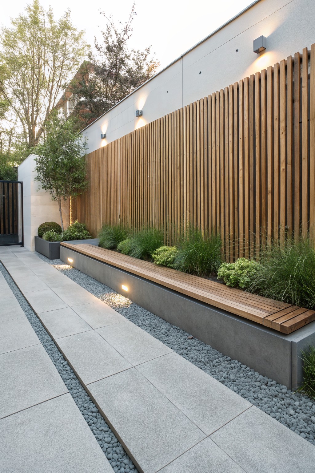 Gray paver pathway with gravel edging beside a low concrete wall topped by wooden bench slats and planted with clumps of ornamental grasses, against a tall vertical wooden fence with wall-mounted lights.