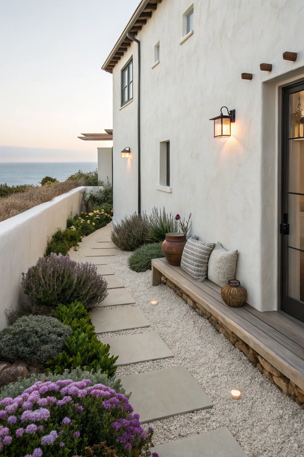 White stucco exterior wall of a house with a gravel pathway edged by low lavender and other plants, concrete stepping stones, a wooden bench with pillows, terracotta pots, and lanterns near a dark wood door, overlooking the ocean at dusk.