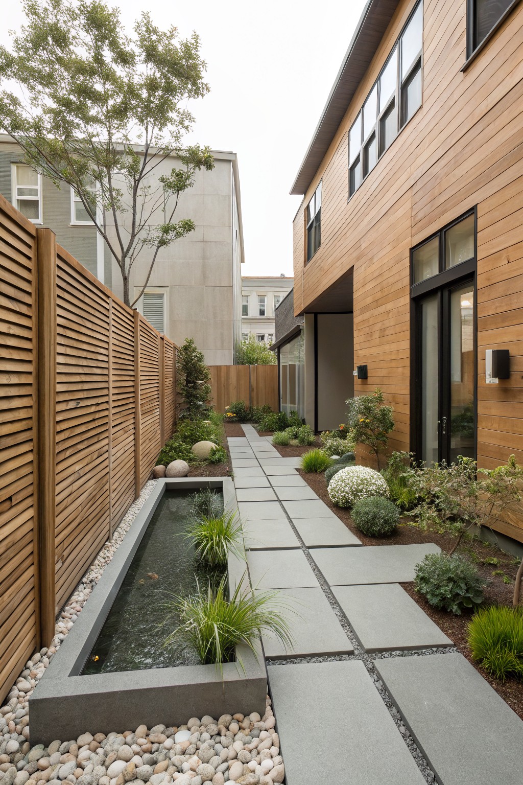Narrow side yard pathway with large rectangular gray stone pavers, linear concrete-edged water feature filled with water and small fish, surrounded by white gravel mulch, low green grasses and shrubs, smooth boulders, and wooden slat fences beside a cedar house wall.