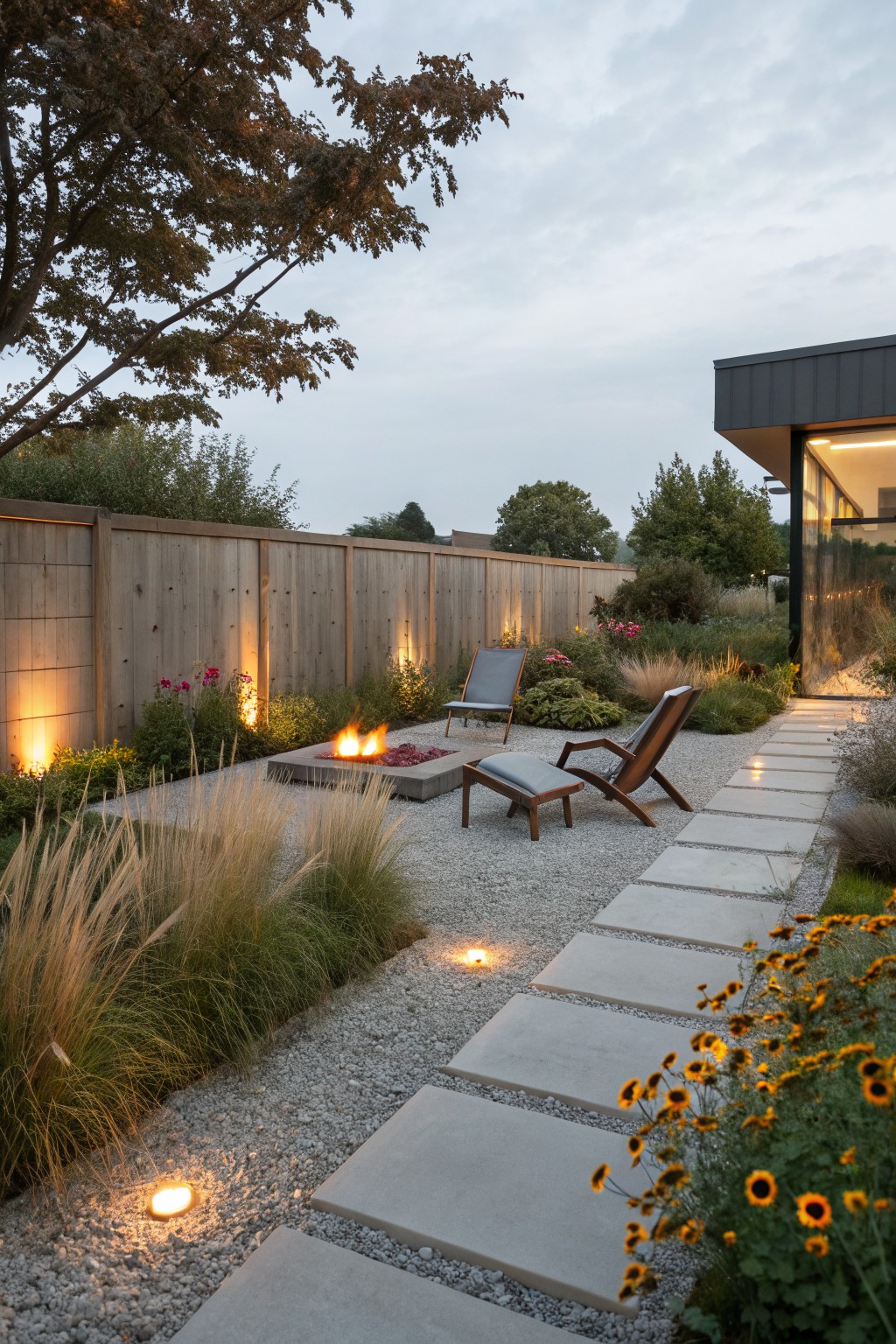 Backyard gravel garden with concrete paver path winding through tall ornamental grasses and flower beds, fire pit seating area, and modern house corner in the background at dusk.