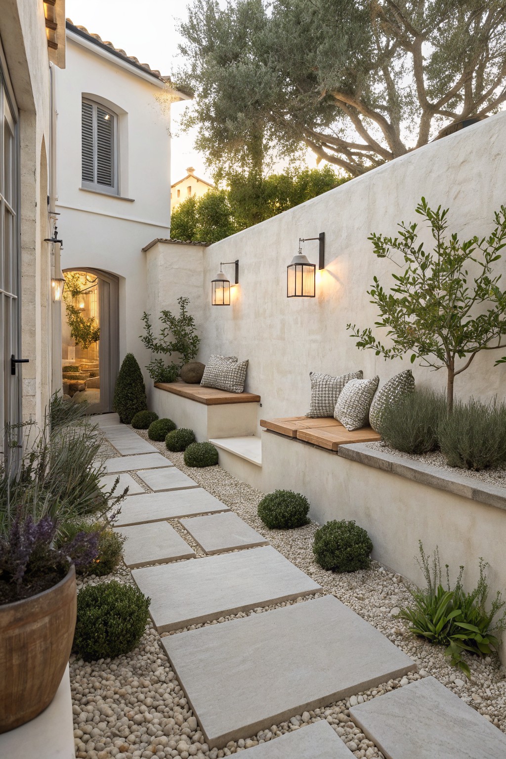 Narrow outdoor pathway of large rectangular gray stone pavers set into white gravel beds lined with boxwood shrubs, lavender plants, and small trees against white stucco walls leading to an arched doorway.