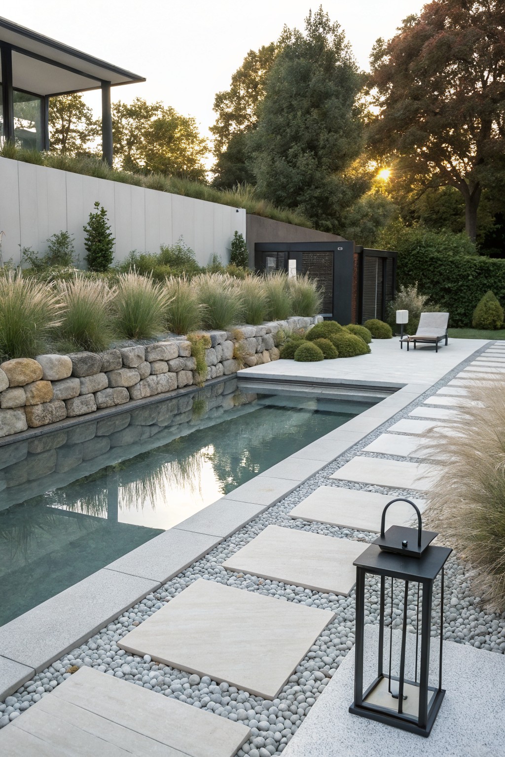 Narrow pool with clear water bordered by a dry-stacked stone wall and tall ornamental grasses, alongside a pathway of large rectangular light-colored pavers set in white pebble gravel, a black metal lantern, lounge chair on a concrete terrace, and modern house and trees in the background.