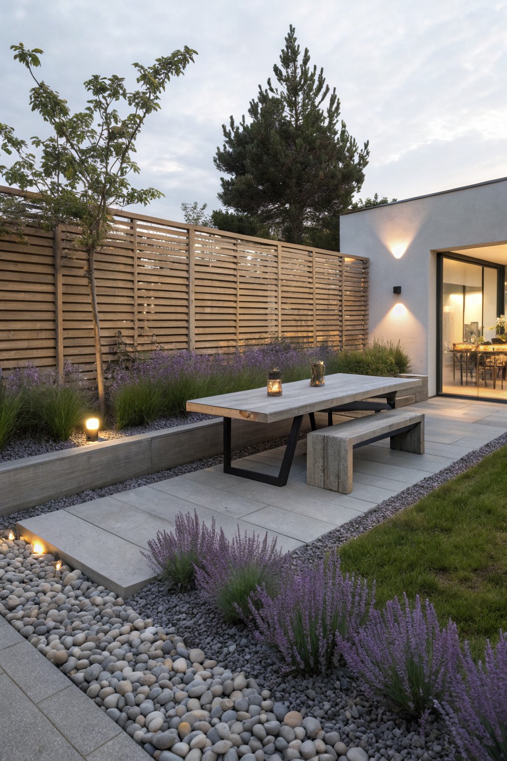 Modern backyard with wooden dining table and benches on paver patio, raised concrete planters filled with lavender and grasses edged by gravel paths and pebble borders, subtle ground lights, wooden fence, and house with glass doors in background.