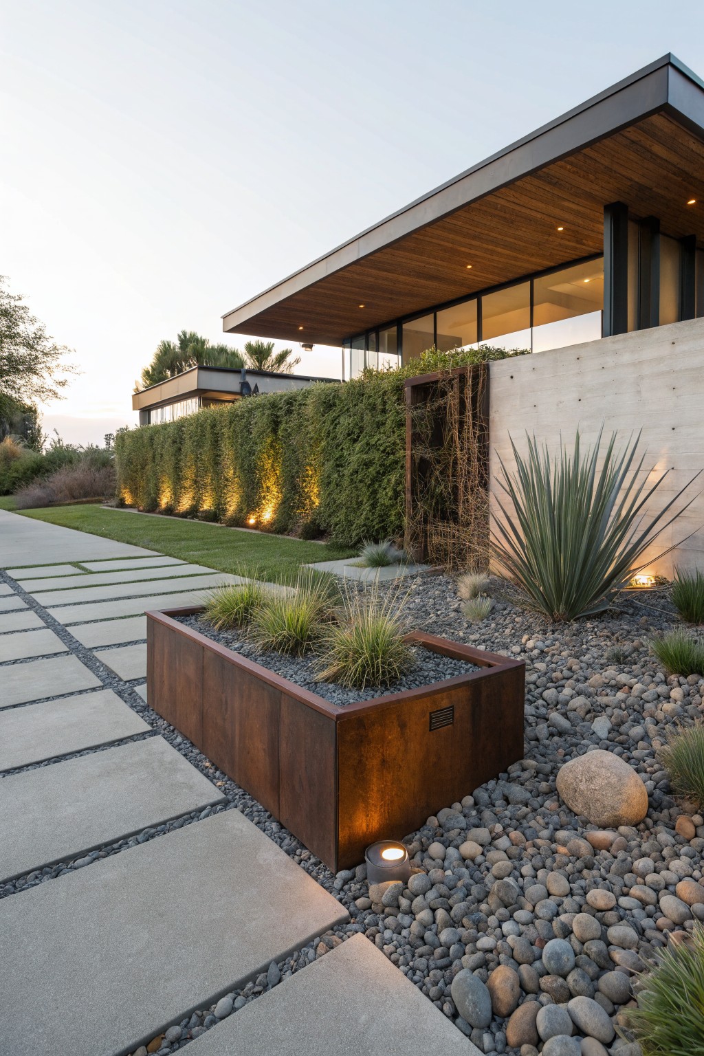 Modern landscape with concrete paver pathway beside a large corten steel raised planter box containing grasses, surrounded by gravel mulch, rocks, and agave plants next to a concrete house wall and hedges.