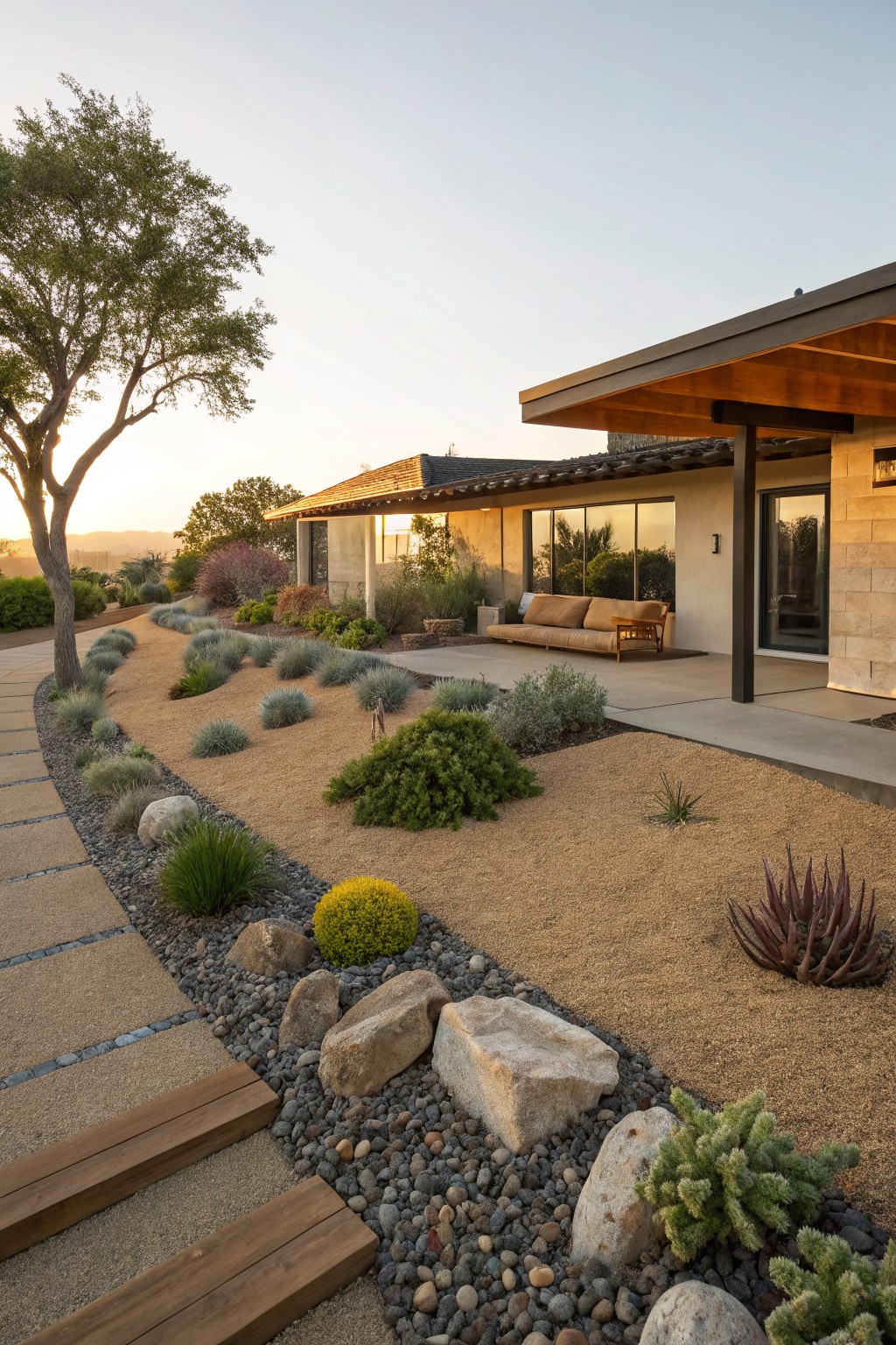 Winding stone path edged by curved gravel beds with grasses, succulents, agave plants, boulders, and pebbles leading to a modern house exterior at sunset.