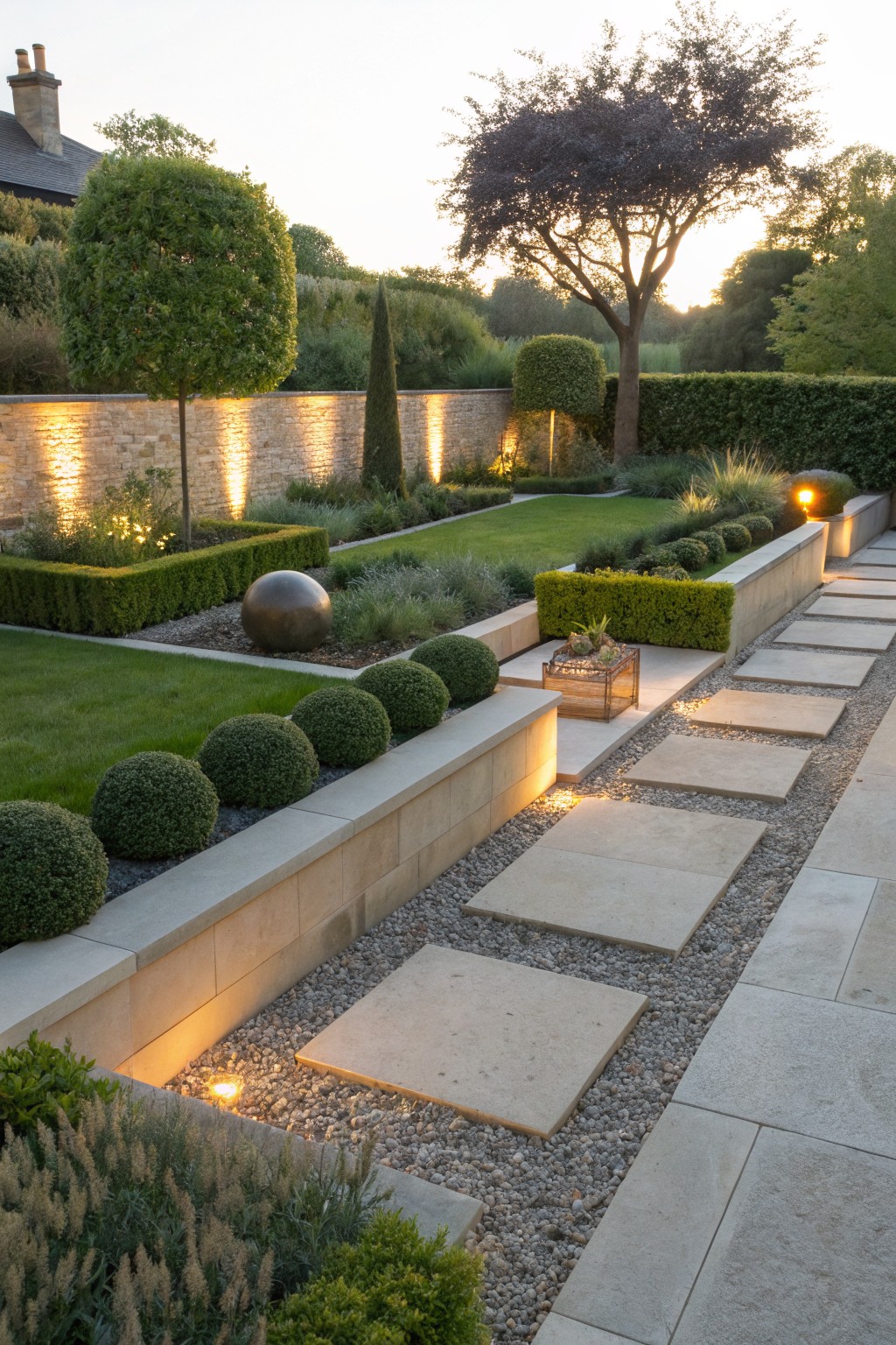 Landscaped garden at dusk with gravel-mulched flower beds retained by low beige stone walls, clipped green boxwood spheres, ornamental grasses, a large bronze orb, stone stepping stones in gravel paths, and low wall-mounted lights.